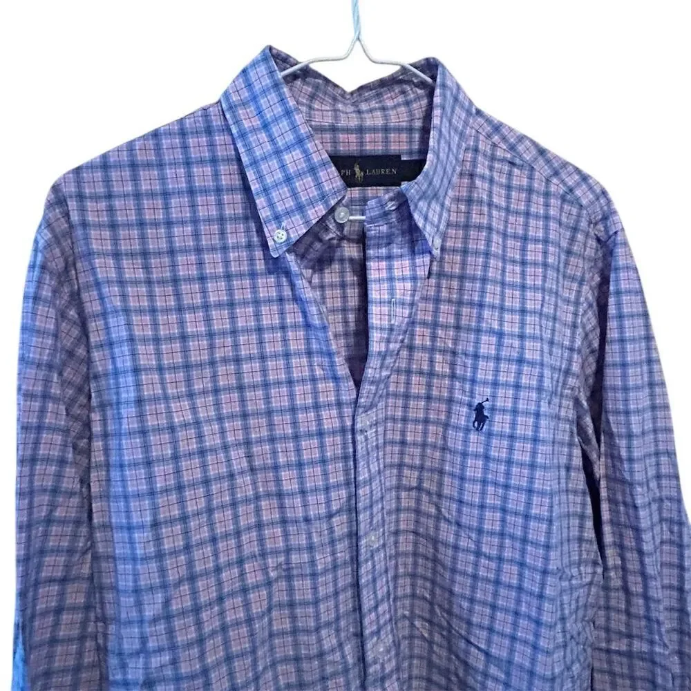 Polo Ralph Lauren Men's L‎ Pink and Blue Plaid Long Sleeve Button Down Shirt